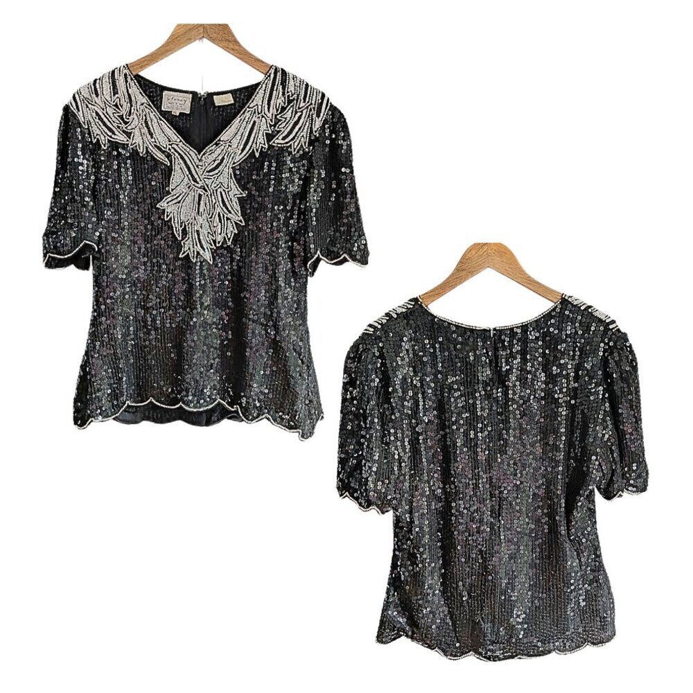 Vtg 80s STENAY 100% Silk Black & White Beaded Scallop Evening Top SzXL - Picture 1 of 5